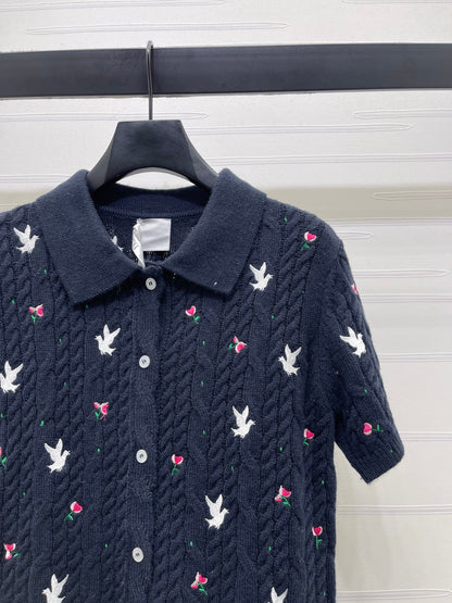 CD SS26 Embroidered Knit Polo Shirt Bird Rose Navy Blue Cashmere 351083