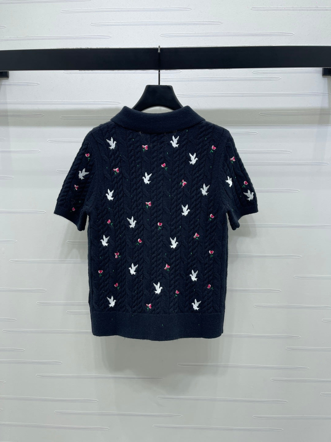 CD SS26 Embroidered Knit Polo Shirt Bird Rose Navy Blue Cashmere 351083