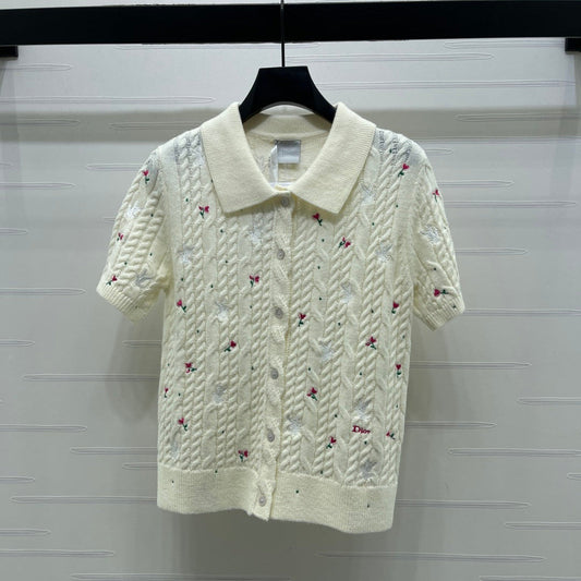 CD SS26 Embroidered Knit Polo Shirt Bird Rose Ivory Cashmere 351082