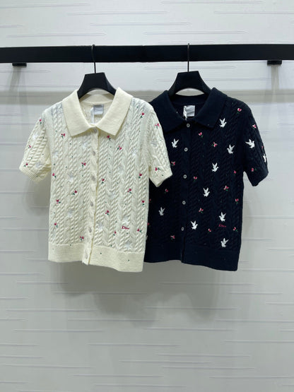 CD SS26 Embroidered Knit Polo Shirt Bird Rose Ivory Cashmere 351082