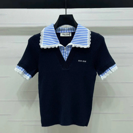 Miumiu 2026 Ribbed Knit Top With Striped Collar Blue Wool 352525