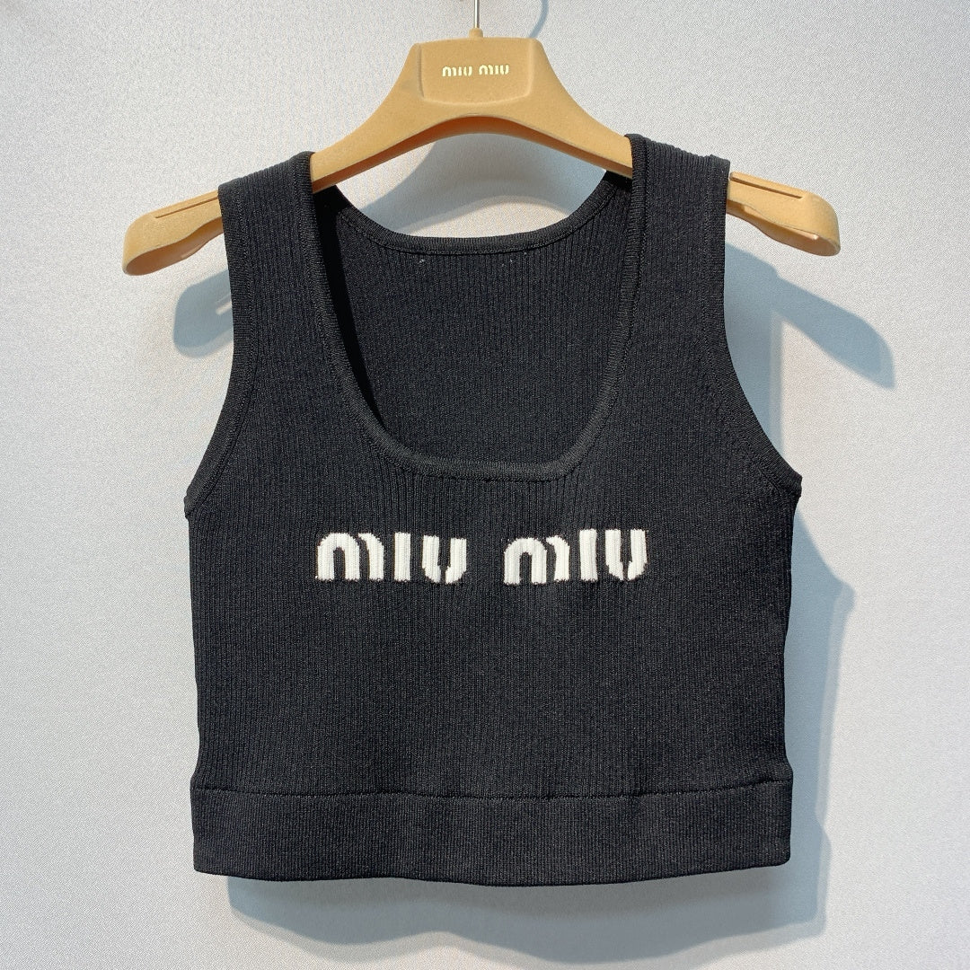 Miu SS26 Cropped Logo-knit Tank Top Black Viscose Polyester 350947