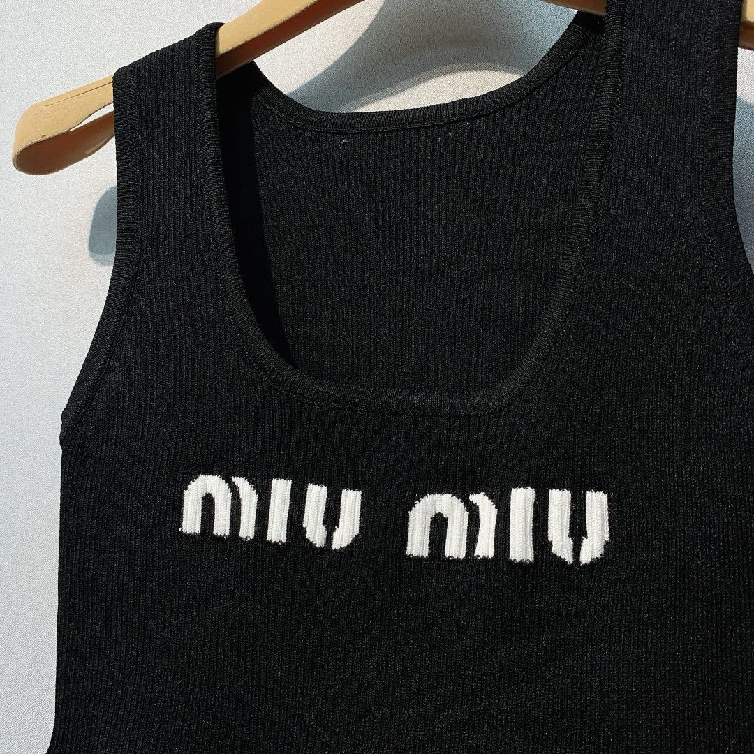 Miu SS26 Cropped Logo-knit Tank Top Black Viscose Polyester 350947