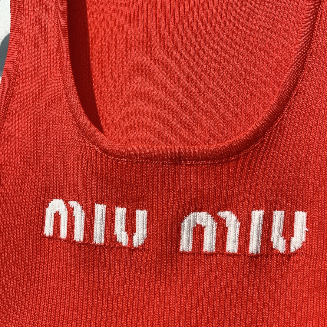 Miu SS26 Cropped Logo-knit Tank Top Orange Viscose Polyester 350948