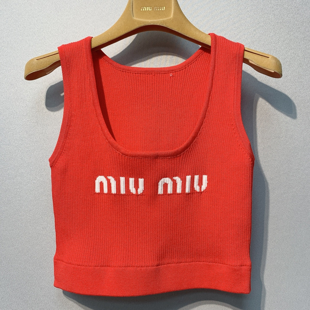 Miu SS26 Cropped Logo-knit Tank Top Orange Viscose Polyester 350948