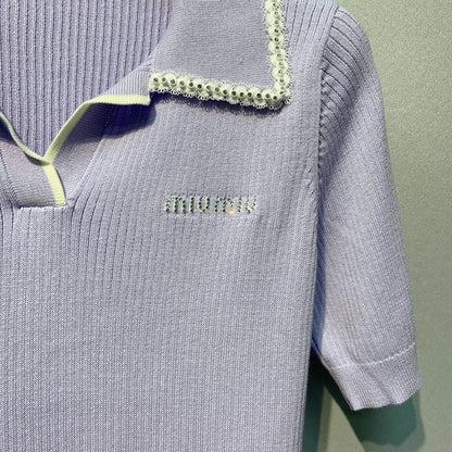 Miu SS26 Knitted Collared Lace Beaded Logo Top Lavender Cotton Silk 350903