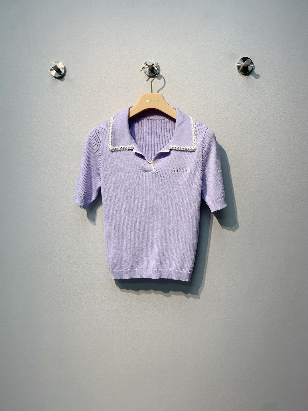 Miu SS26 Knitted Collared Lace Beaded Logo Top Lavender Cotton Silk 350903