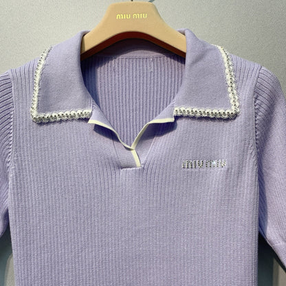 Miu SS26 Knitted Collared Lace Beaded Logo Top Lavender Cotton Silk 350903