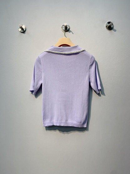 Miu SS26 Knitted Collared Lace Beaded Logo Top Lavender Cotton Silk 350903