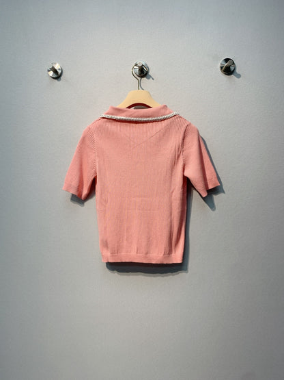 Miu SS26 Knitted Collared Lace Beaded Logo Top Light Coral Cotton Silk 350904