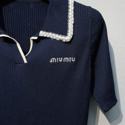 Miu SS26 Knitted Collared Lace Beaded Logo Top Dark Blue Cotton Silk 350905