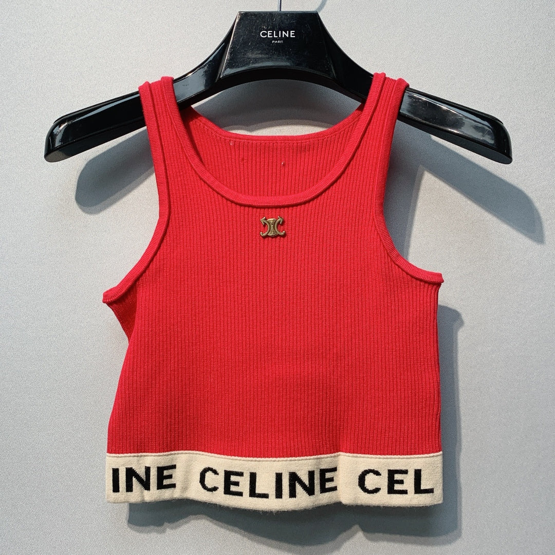 Celine SS26 Ribbed Logo Striped Tank Top Red Wool 350954