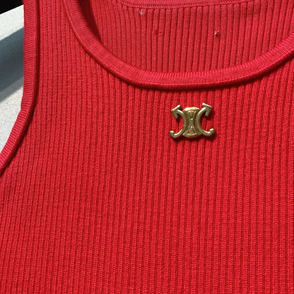 Celine SS26 Ribbed Logo Striped Tank Top Red Wool 350954