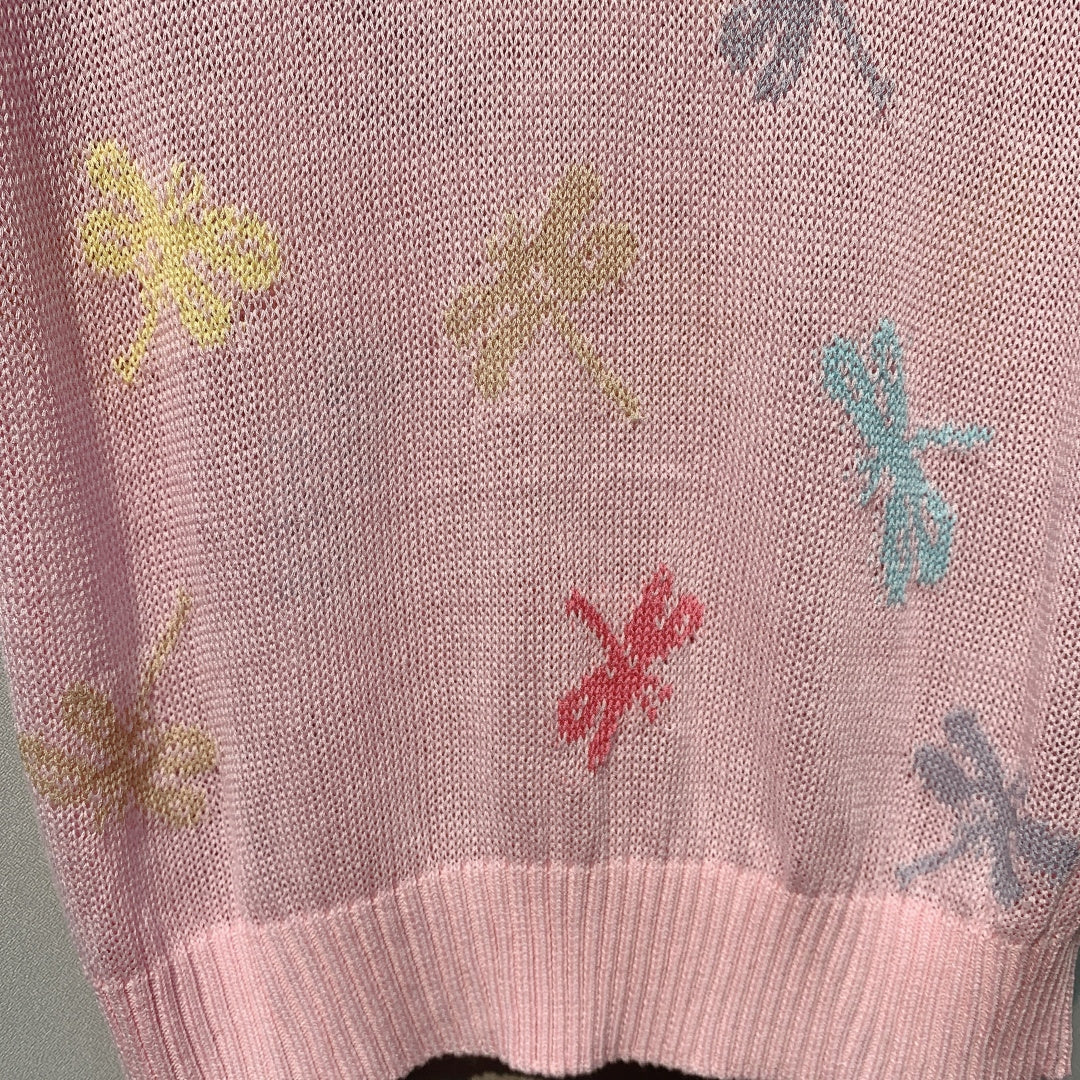 CD SS26 Dragonfly Embroidered Knit Top Light Pink Cotton 350911