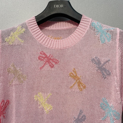 CD SS26 Dragonfly Embroidered Knit Top Light Pink Cotton 350911