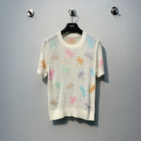 CD SS26 Dragonfly Embroidered Knit Top Ivory Cotton 350912