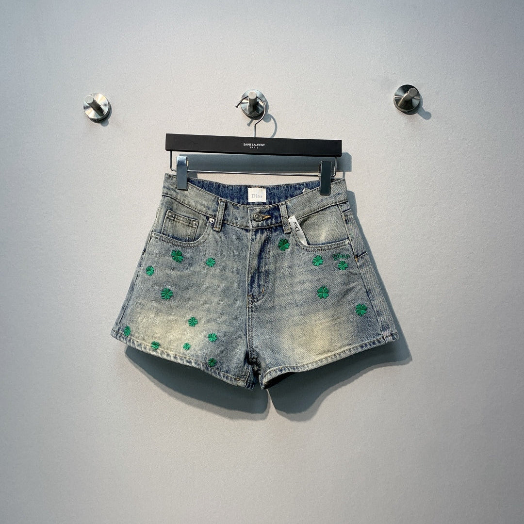CD Clover Embroidered Shorts Jeans Blue Stonewashed Cotton 350922