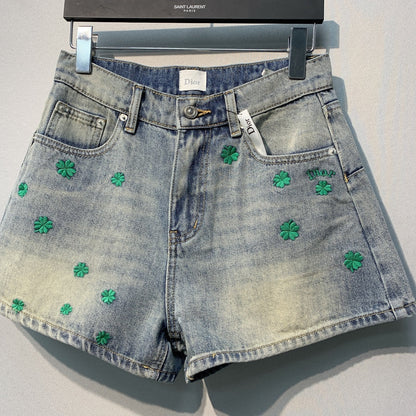 CD Clover Embroidered Shorts Jeans Blue Stonewashed Cotton 350922