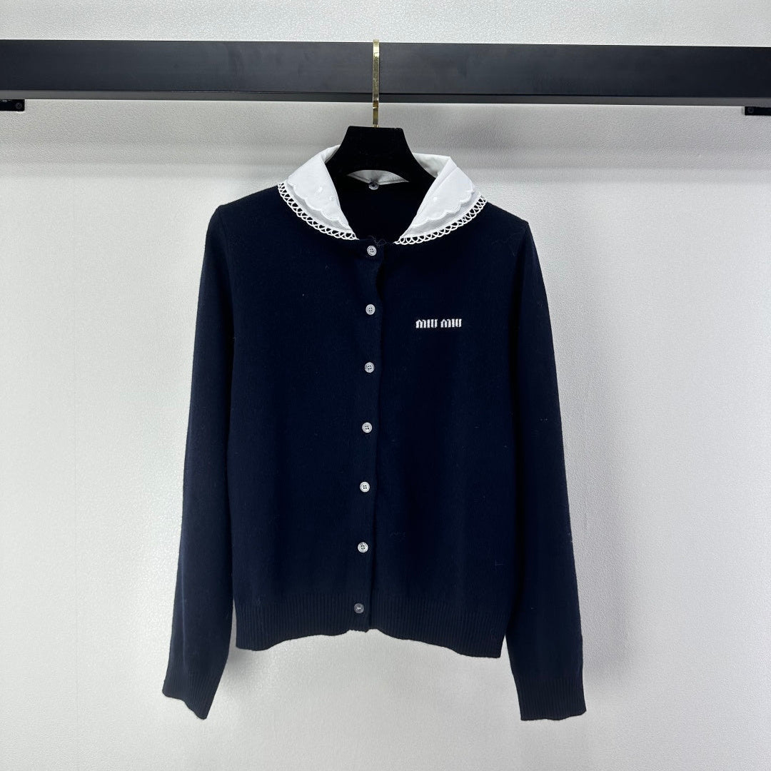 Miumiu 2026 Knit Long-Sleeve Cardigan Navy Blue Wool 349067