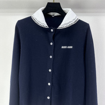 Miumiu 2026 Knit Long-Sleeve Cardigan Navy Blue Wool 349067