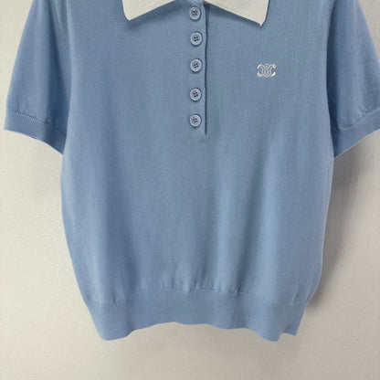 Celine Short-sleeved Polo Shirt Blue Cashmere Wool 349071