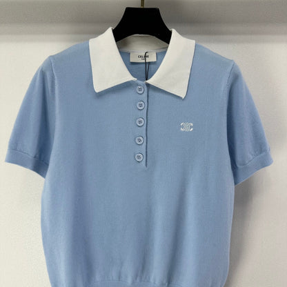 Celine Short-sleeved Polo Shirt Blue Cashmere Wool 349071