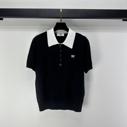 Celine Short-sleeved Polo Shirt Black Cashmere Wool 349073