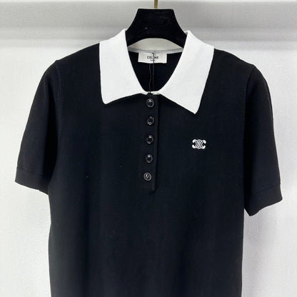 Celine Short-sleeved Polo Shirt Black Cashmere Wool 349073
