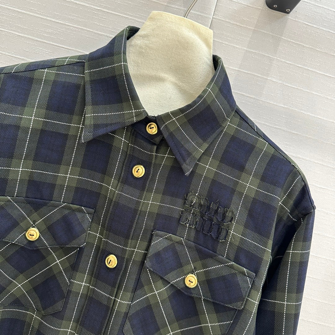 Miu Miu Plaid Short-cut Shirt Green Blue Wool