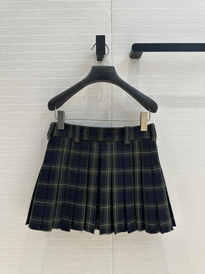 Miu Miu Plaid Pleated Skirt Green Blue Wool