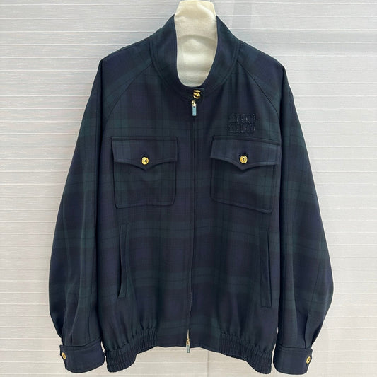 Miu Miu Plaid Drop Shoulder Jacket Green Blue Wool