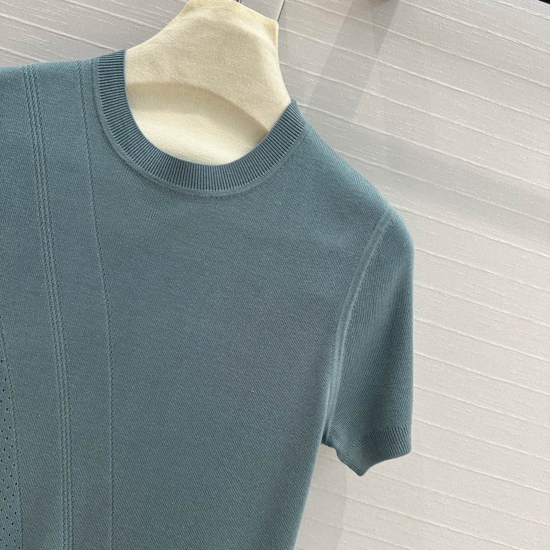 Hm 25 Hollow Knit Short-Sleeve Top Blue Green Tencel Cotton