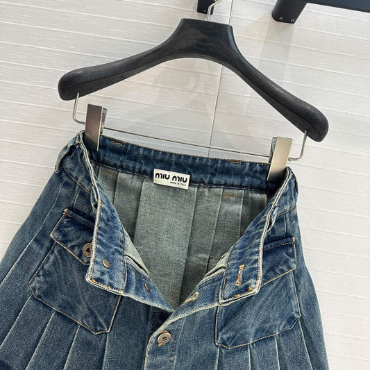 Miu Miu Denim Pleated Short Skirt Blue Cotton