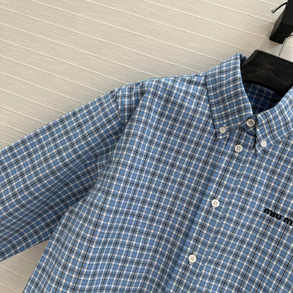 Miu Miu Plaid Short Shirt Blue Cotton
