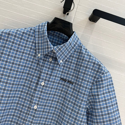 Miu Miu Plaid Pleated Shirt Dress Blue Cotton