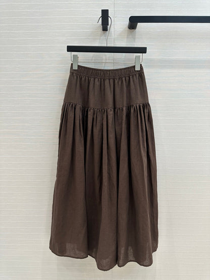 CD Pleated Long Skirt Brown Linen