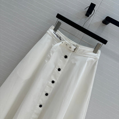 CD 25 Belted Single-breasted Long Skirt White Cotton