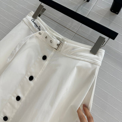 CD 25 Belted Single-breasted Long Skirt White Cotton