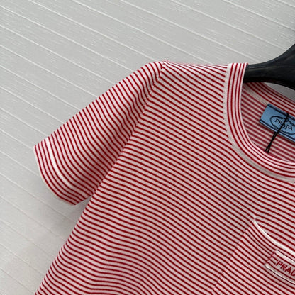 Prada 25 Striped Short-sleeved Knitted Top Red Cotton