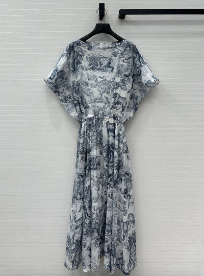 CD 25 Boat Neck Long Skirt Blue White Cotton
