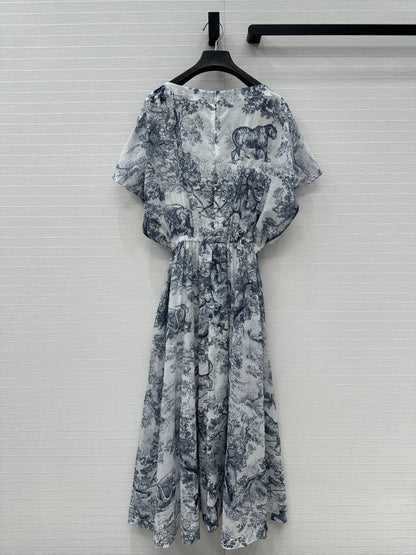 CD 25 Boat Neck Long Skirt Blue White Cotton