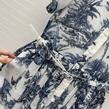 CD 25 Butterfly Coconut Print Shirt Dress White Blue Cotton