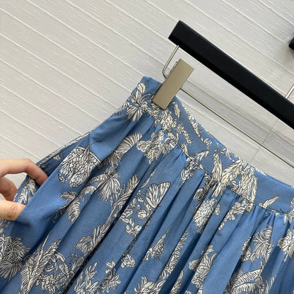 CD 25 Pleated Flared Forest Long Skirt Blue White Cotton