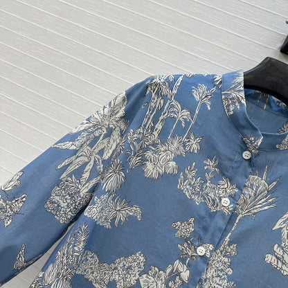 CD 25 Pleated Flared Forest Shirt Blue White Cotton