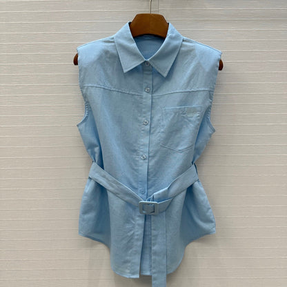 Loewe 25 Lace-up Waist Sleeveless Shirt Blue Linen