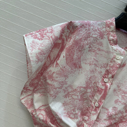 CD 25 Flying Sleeve Short Shirt White Pink Cotton
