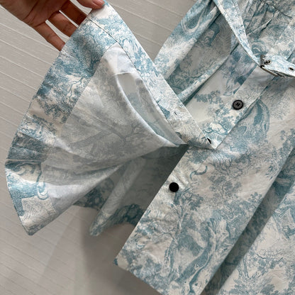 CD 25 Sauvage Jouy Print Button Dress Light Blue mix White Cotton