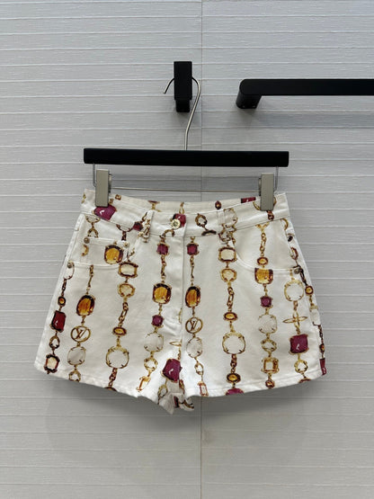 LV 25 Bourgoise Series Printed Zipper Denim Shorts White Cotton