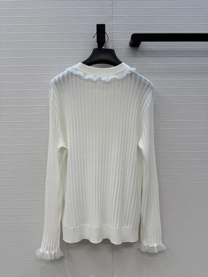 HM Long-Sleeve Sweater With Ruffled Details White Modal Nylon