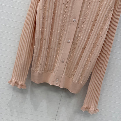 HM Long-Sleeve Sweater With Ruffled Details Beige Modal Nylon